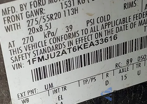 2019 Ford Expedition Limited z USA, uszkodzony, nr VIN 1FMJU2AT6KEA33616